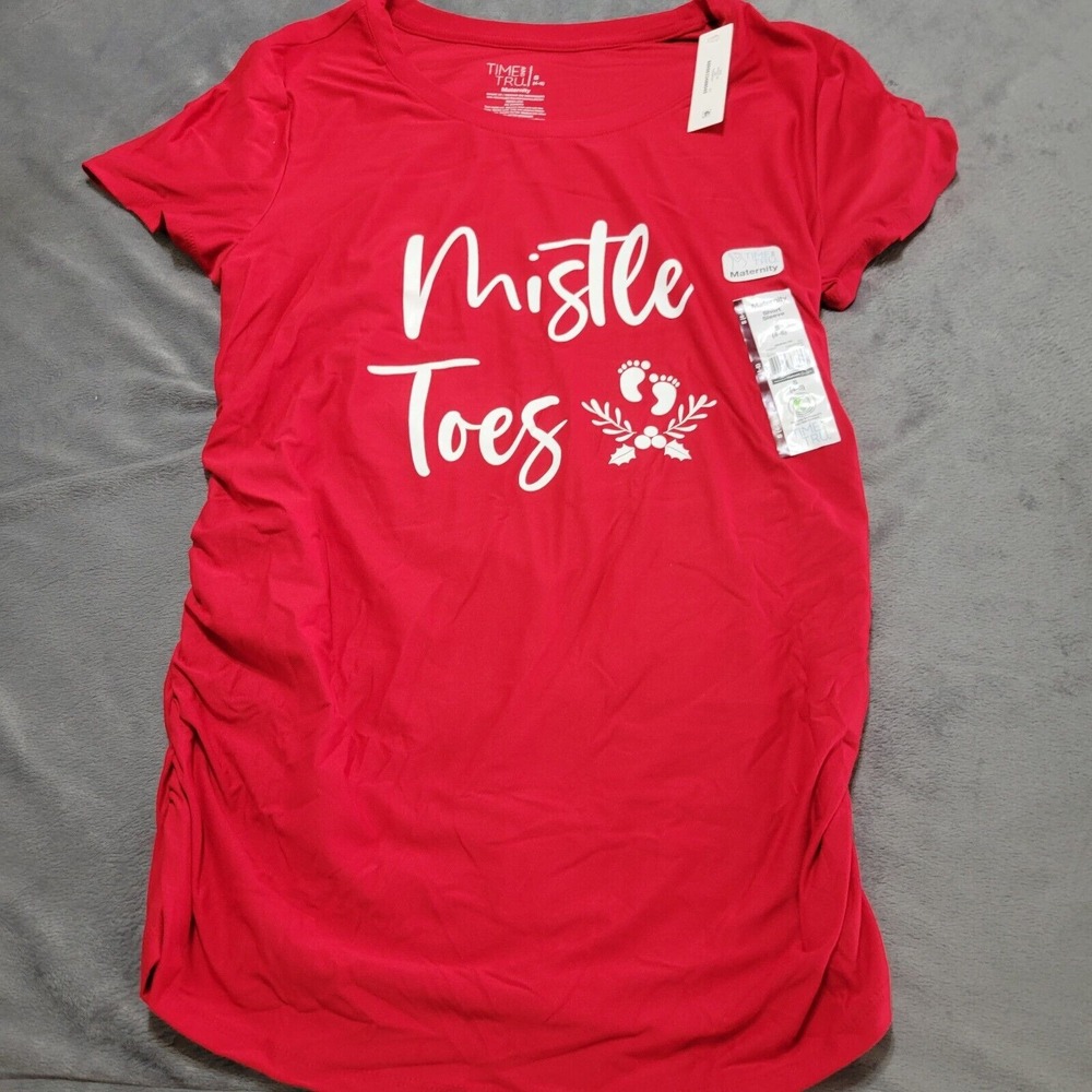 Mistle Toes Womens XXL Red Short Sleeve Scoop Side Ruched Christmas Maternity
